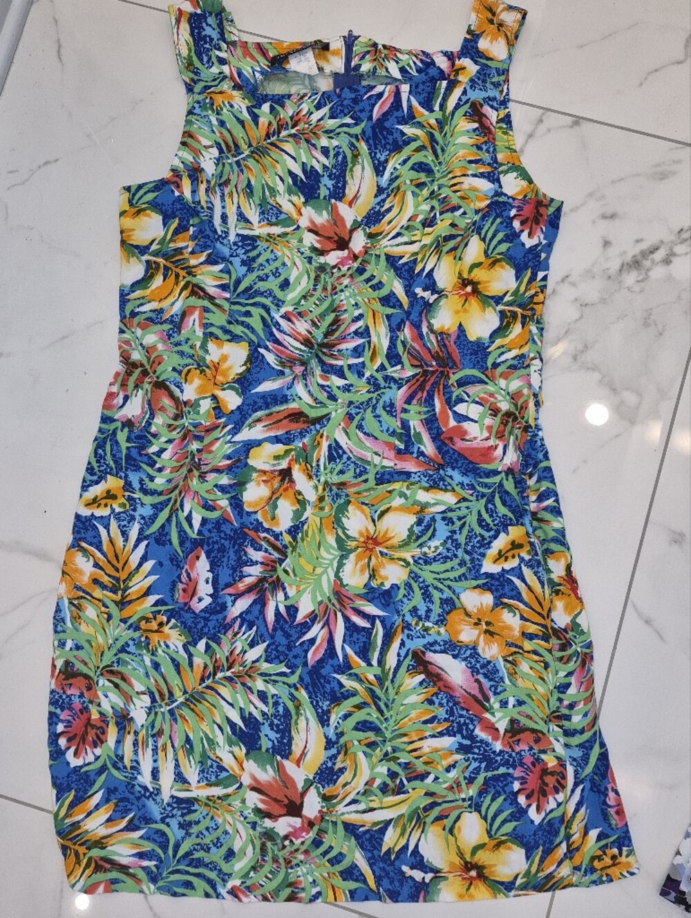 Impressions Blue Tropical Floral Tank Dress with Yellow & Green Accents